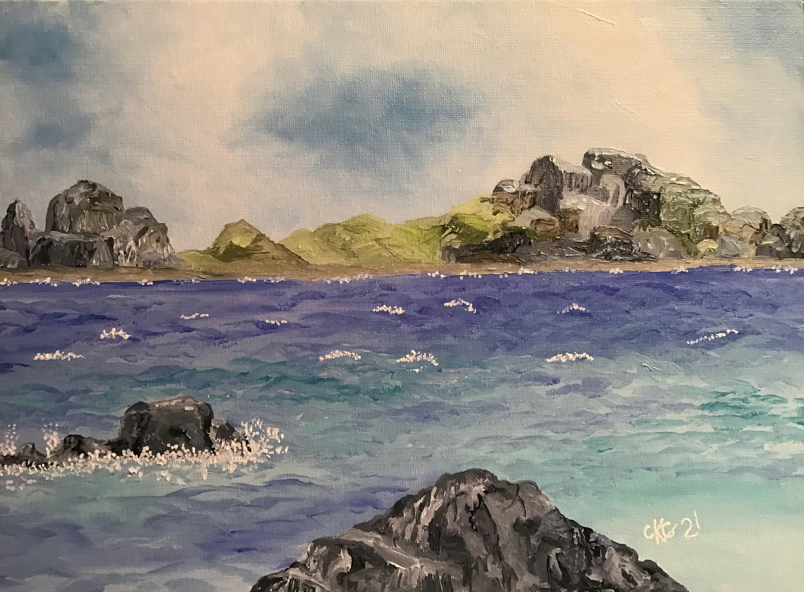 a painting of some rocks in the water