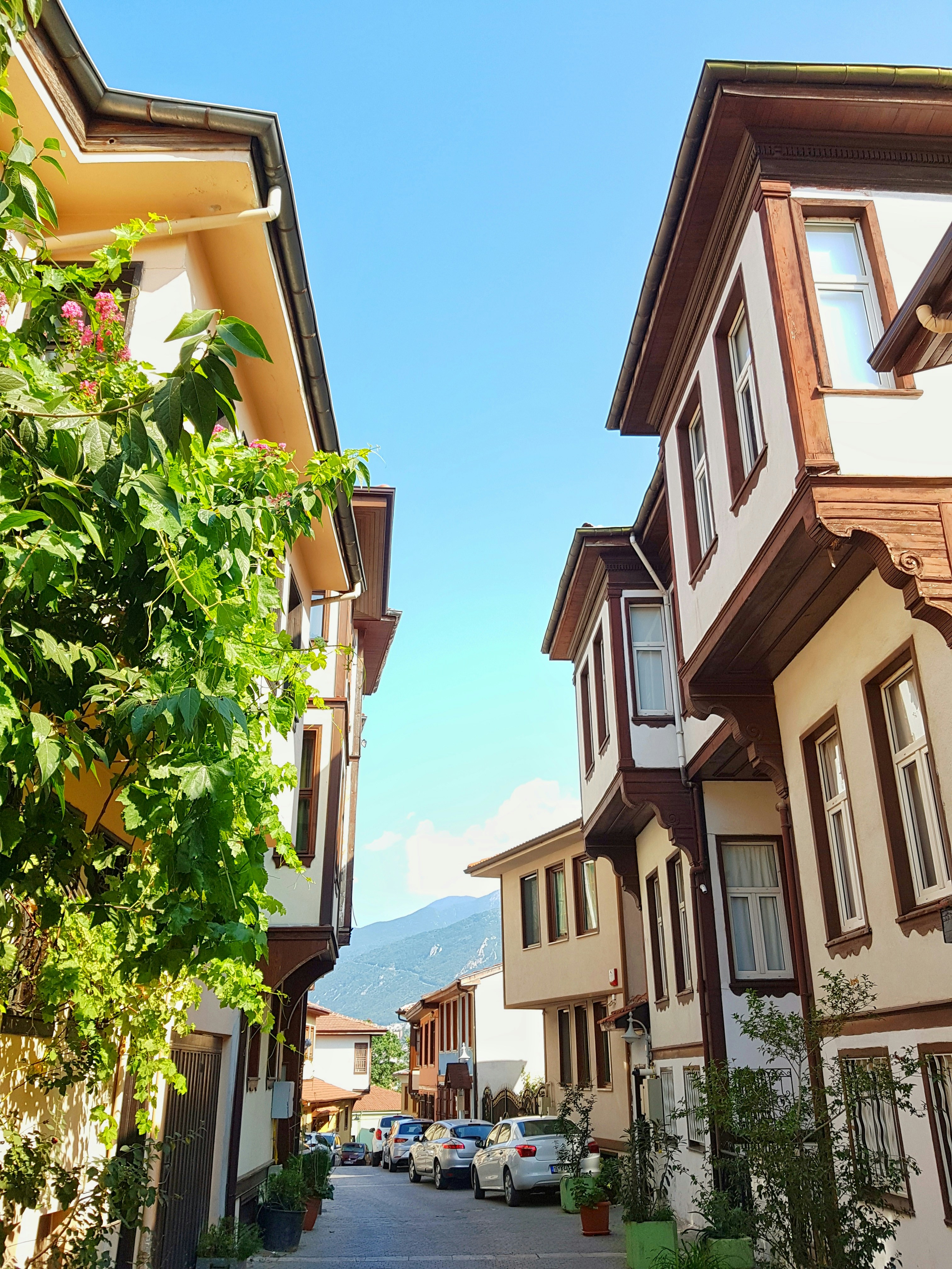a row of houses with cars parked in front of them