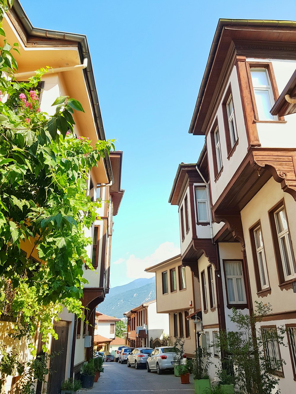 a row of houses with cars parked in front of them