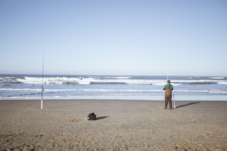 a man standing on top of a sandy beach next to the ocean