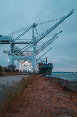 Several large industrial cranes are positioned at a shipping dock along a body of water. A cargo ship is moored beside the dock, illuminated by artificial lights. The scene exhibits a blend of natural and industrial elements, with overcast skies casting a dim light over the area.