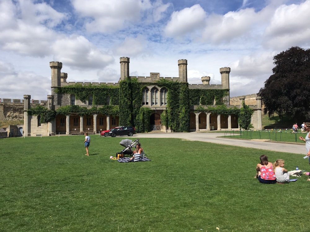 a group of people sitting on top of a lush green field