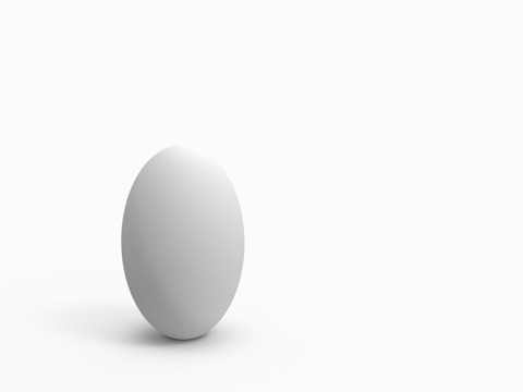 A solitary white egg stands upright on a light gray surface, casting a subtle shadow. The background is plain and minimalist, emphasizing the simplicity and elegance of the egg's shape.