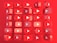 A series of red 3D buttons featuring white play icons arranged in rows. The buttons have a glossy finish, casting subtle reflections and shadows on the red background. The repetition and uniformity create a visually striking pattern.