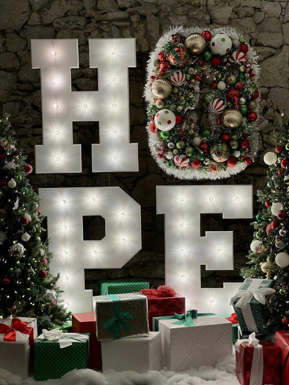 a christmas display with presents and lights