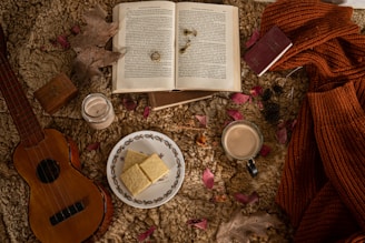 A cozy flat lay of a journal, a cup of herbal tea, scented candles, and wellness books on a soft blanket.