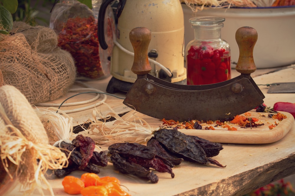 a cutting board topped with lots of food