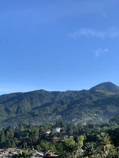 A scenic view of lush green mountains and indigenous huts under a bright Caribbean sky.