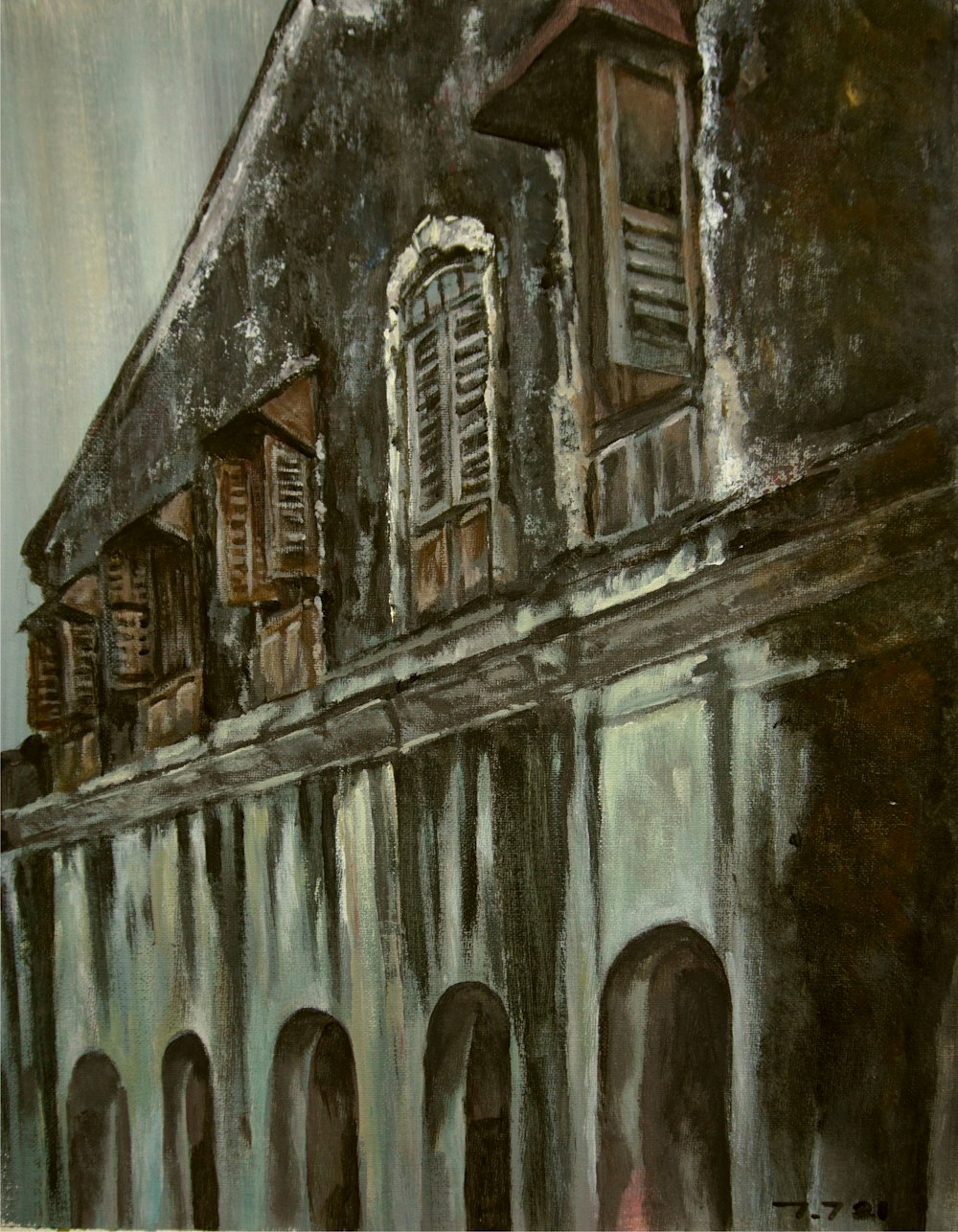Una pintura de un edificio con ventanas y persianas