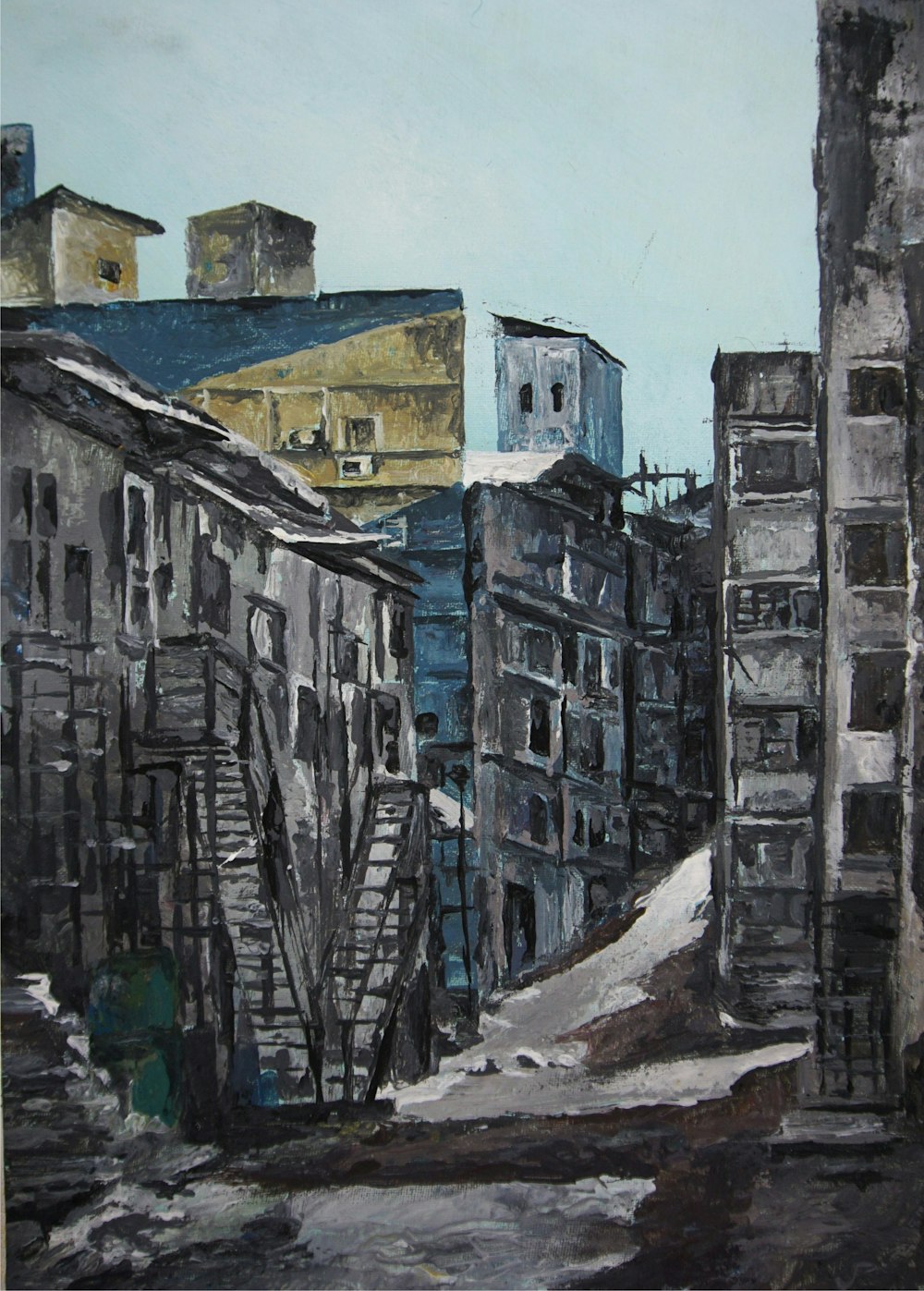 Una pintura de una calle de la ciudad con edificios
