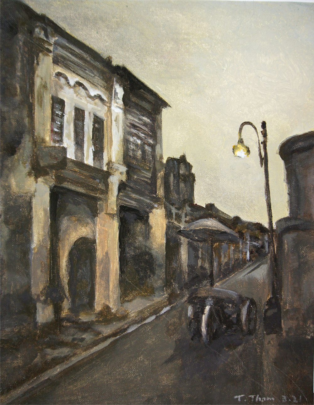 Una pintura de una escena callejera con un caballo y un buggy