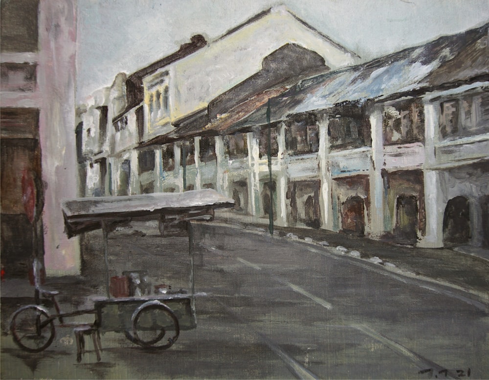 a painting of a city street with a bench