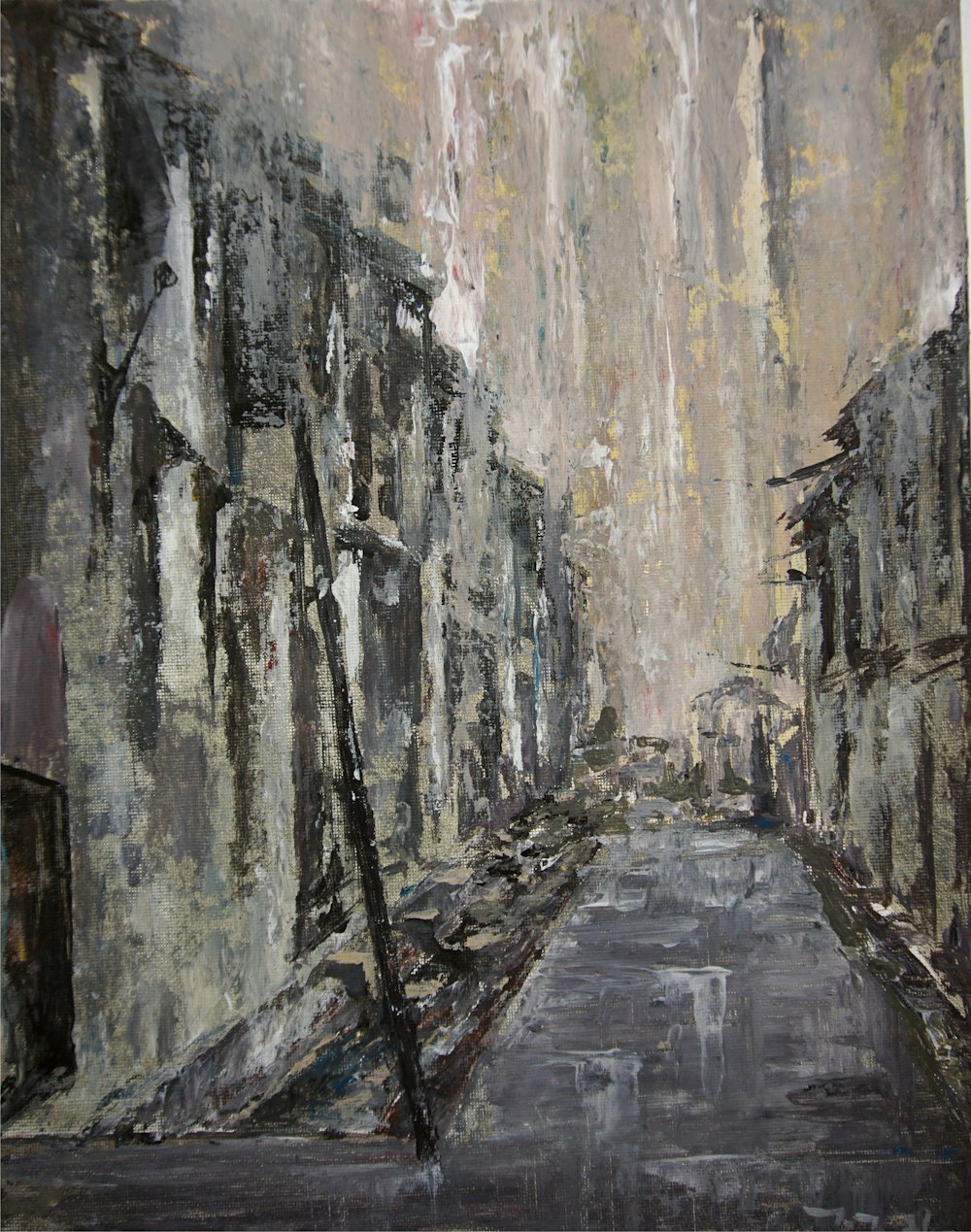 Una pintura de una calle de la ciudad bajo la lluvia