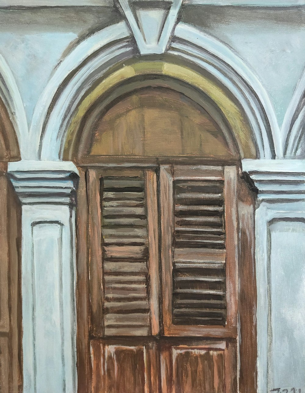 una pintura de una puerta de madera con persianas