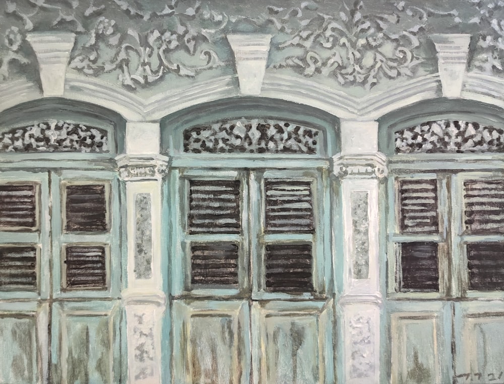 a painting of a building with three doors