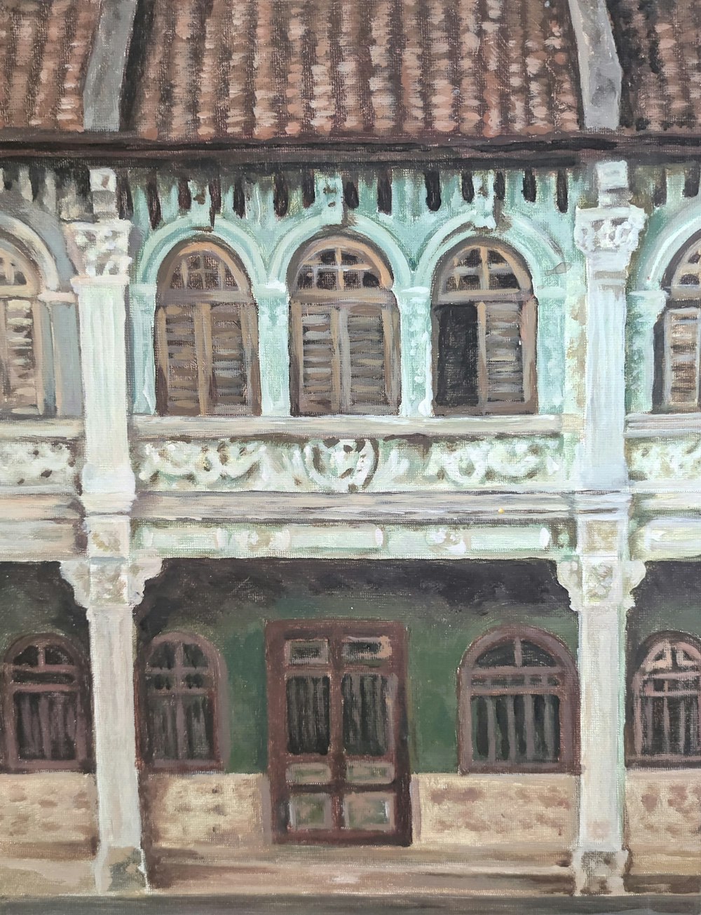 Una pintura de un edificio con ventanas y puertas