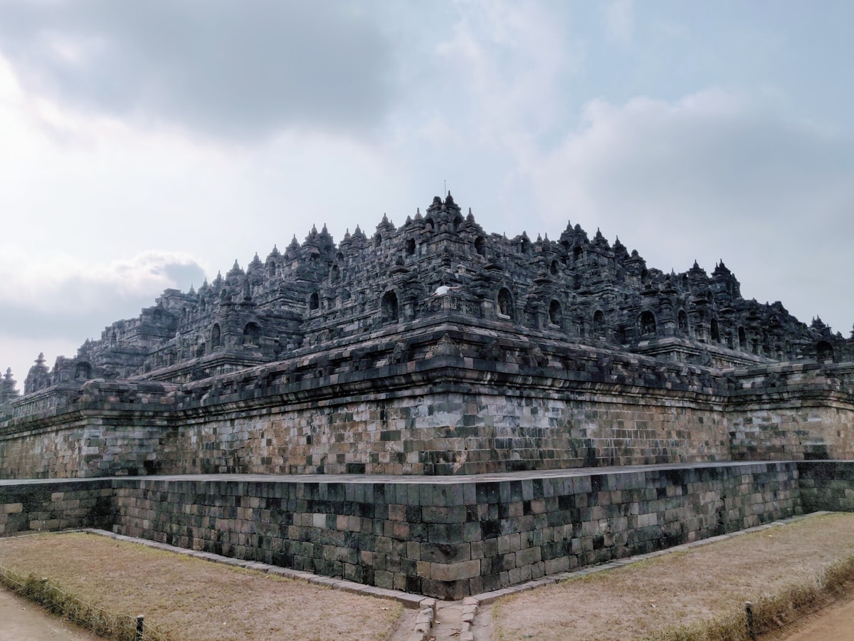 Yogyakarta August — Borobudur temple complex from above in dry season