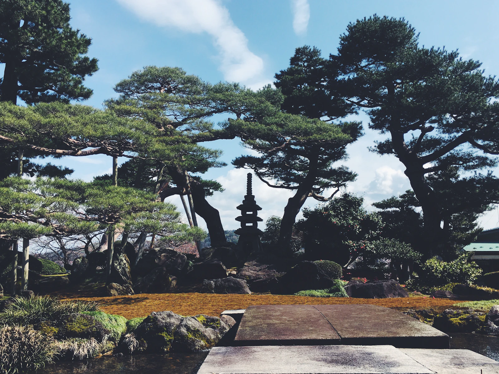 Trees, rocks and a stone path in Kenroku-en garden