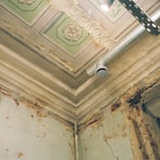 the ceiling of a run down room with peeling paint