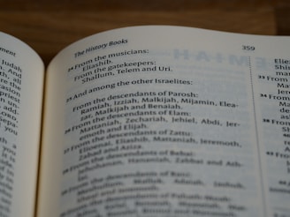 a close up of an open book on a table