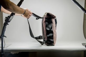 a person is holding a camera and a bag