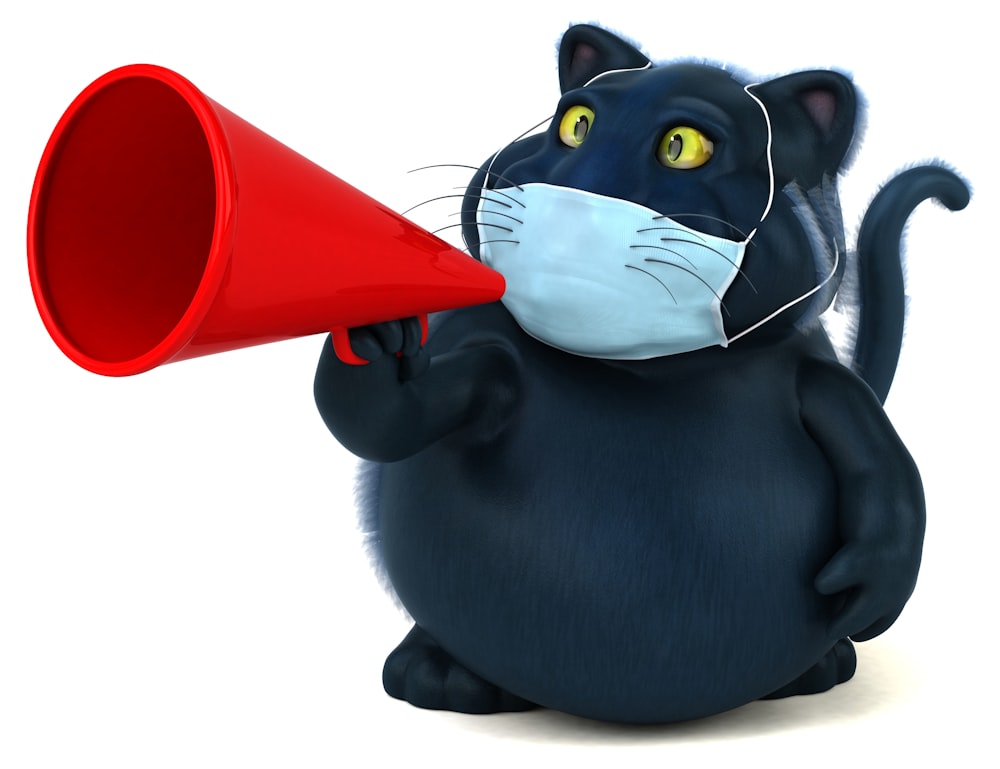 a black cat wearing a face mask and holding a red bullhorn