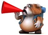 A cartoon bulldog is depicted holding a red megaphone while wearing a backpack. The dog has a round body and expressive eyes, looking as if it is shouting through the megaphone. The backpack is blue with orange accents.