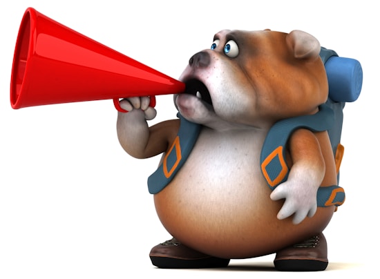 A cartoon bulldog is depicted holding a red megaphone while wearing a backpack. The dog has a round body and expressive eyes, looking as if it is shouting through the megaphone. The backpack is blue with orange accents.