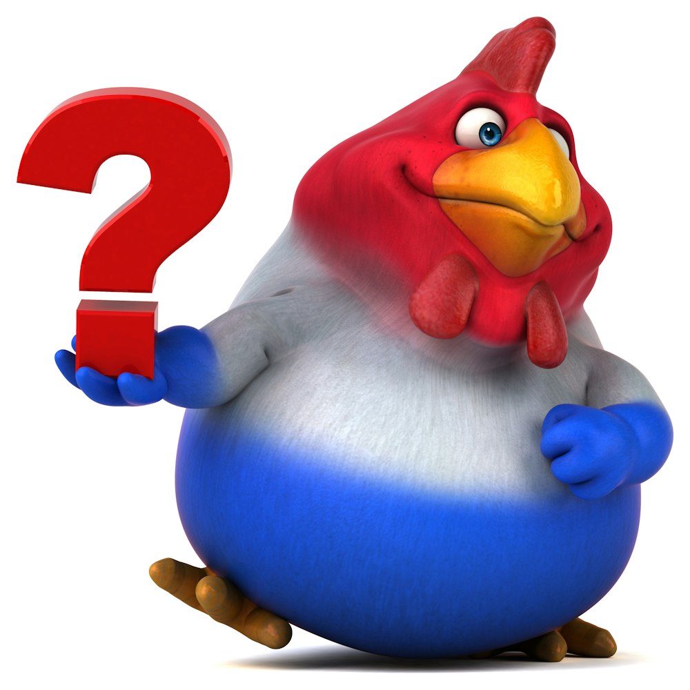 a cartoon bird with a question mark on it's chest