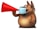 A cartoon-style, anthropomorphic dog holds a red megaphone with one hand while wearing a medical mask on its face. The dog has a round belly, prominent eyes, and big ears, displaying a playful and slightly comical appearance.