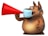 A cartoon-style, anthropomorphic dog holds a red megaphone with one hand while wearing a medical mask on its face. The dog has a round belly, prominent eyes, and big ears, displaying a playful and slightly comical appearance.