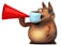 A cartoon-style, anthropomorphic dog holds a red megaphone with one hand while wearing a medical mask on its face. The dog has a round belly, prominent eyes, and big ears, displaying a playful and slightly comical appearance.