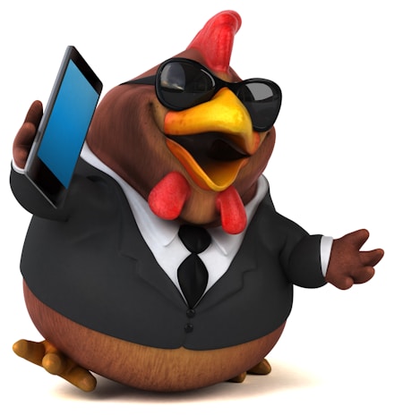 A cartoon chicken is dressed in a black suit and tie, wearing sunglasses and holding a smartphone in one hand. The chicken appears to be smiling or laughing.