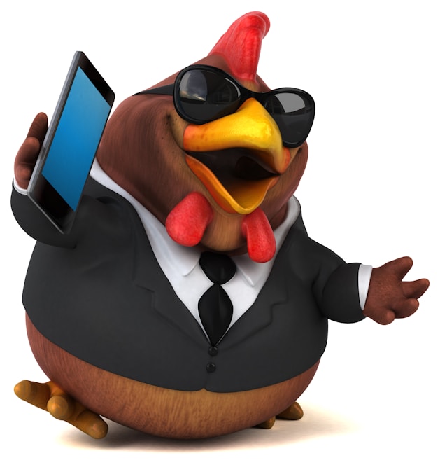 A vibrant, playful chicken mascot with a cheeky grin standing beside a sleek laptop.