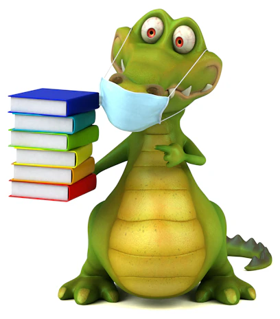 A cartoon crocodile professor with glasses holding a book and smiling warmly.