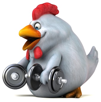 A cartoon-style chicken character with a white body and red comb is holding a set of dumbbells. The chicken has an exaggerated, humorous expression, indicating exertion or determination.