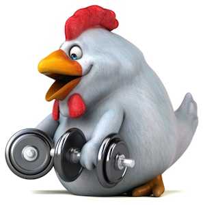 A cartoon-style chicken character with a white body and red comb is holding a set of dumbbells. The chicken has an exaggerated, humorous expression, indicating exertion or determination.
