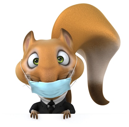 A cartoon squirrel with large green eyes is wearing a blue face mask and a black suit. It is looking directly at the viewer with its paws resting on a white surface. The tail is large and bushy, curling upwards.