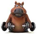 A cartoon hippopotamus with a cheerful expression is holding two dumbbells. The background is plain white, emphasizing the character's playful and strong appearance.