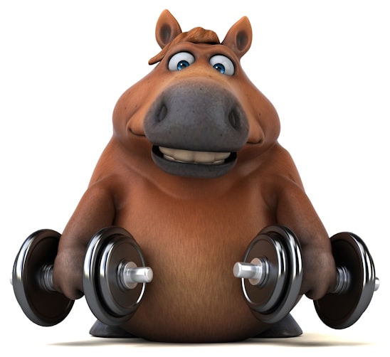 A cheerful cartoon personal trainer guiding a client through exercises in a bright, clean gym setting.