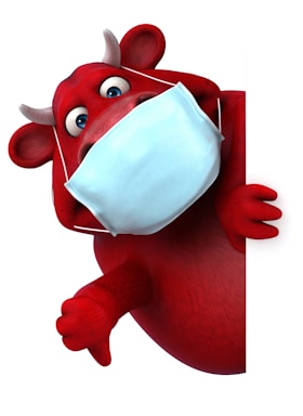 A cartoonish, red bull character is peeking from behind a white surface, wearing a large, light blue surgical mask. The bull has exaggerated facial features and small horns.
