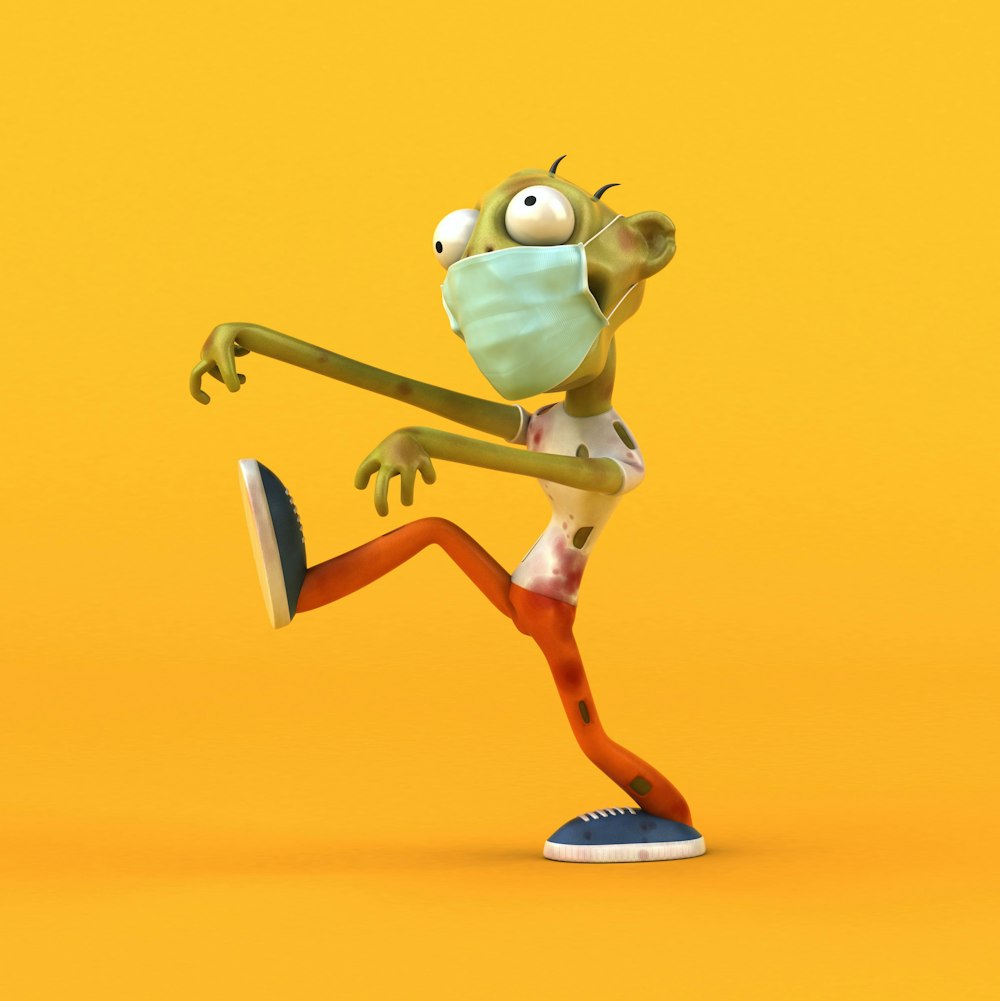 um personagem de desenho animado usando uma máscara facial e correndo