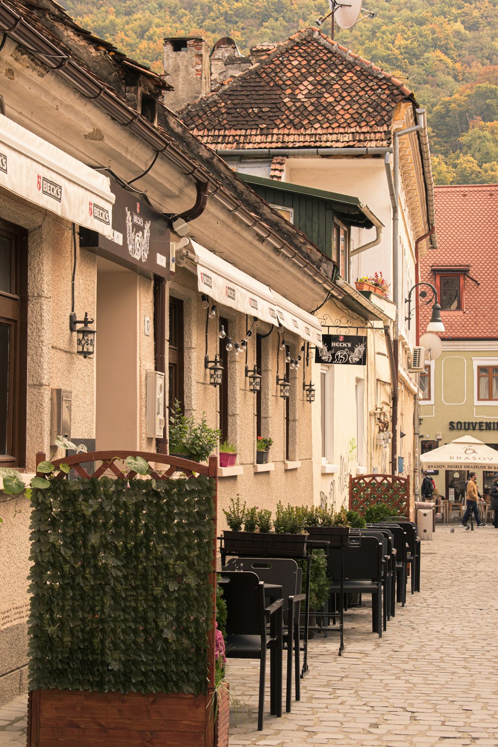 a cobblestone street lined with tables and chairs