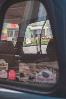The image captures the interior of a car through a partially open window, reflecting a street scene outside. Various colorful stickers are displayed on the window. The background includes a building with green tones and outdoor seating arrangements, visible through the window's reflection.