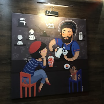 A stylized illustration of a man and a woman at a coffee shop. The man, with tattoos on his arms, is preparing a cup of coffee while the woman, wearing a red beret and striped shirt, watches. A small dog sits on a chair beside them. The background includes drawings of coffee-related items.