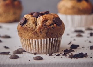a close up of a muffin on a table