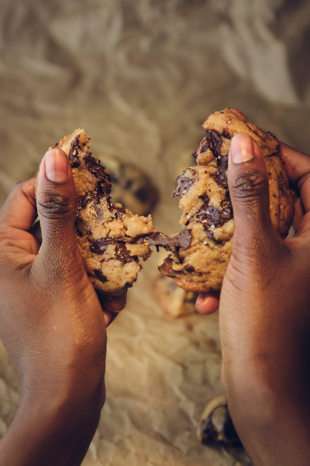 two hands holding a chocolate chip cookie