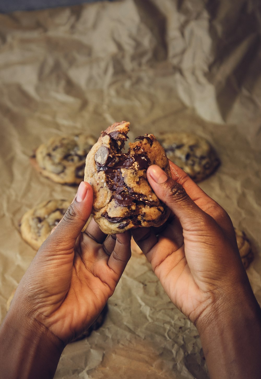 a person holding a chocolate chip cookie in their hands
