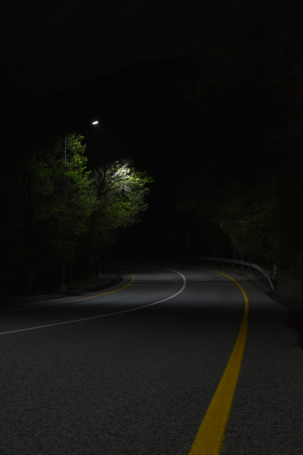 Un camino oscuro con una luz de la calle en la distancia