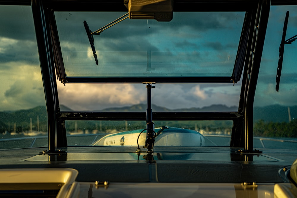 a view from inside a bus looking out the window